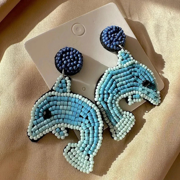 Anthropologie Blue Dolphin Ocean Blue Beaded Earrings - Picture 5 of 8